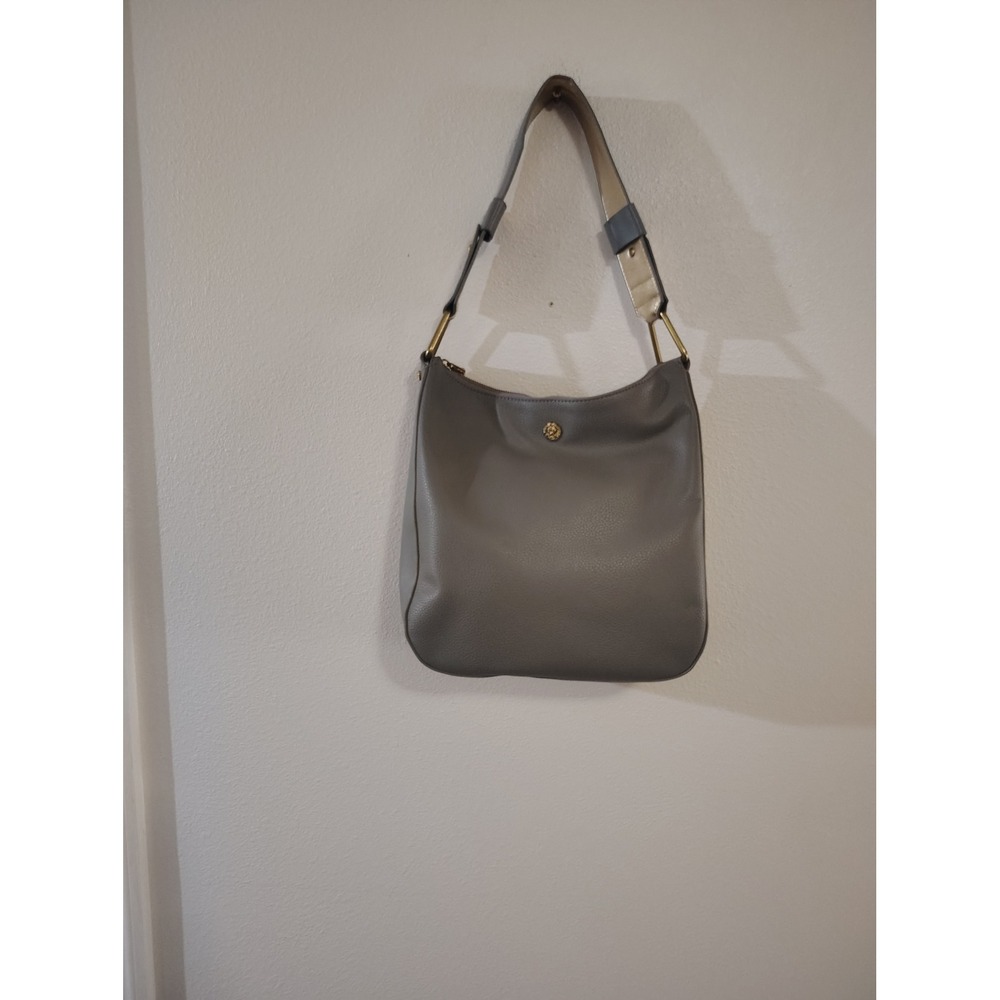 Anne Klein Grey Pebbled Faux Leather Hobo Shoulder Bag Gold Tone Hardware